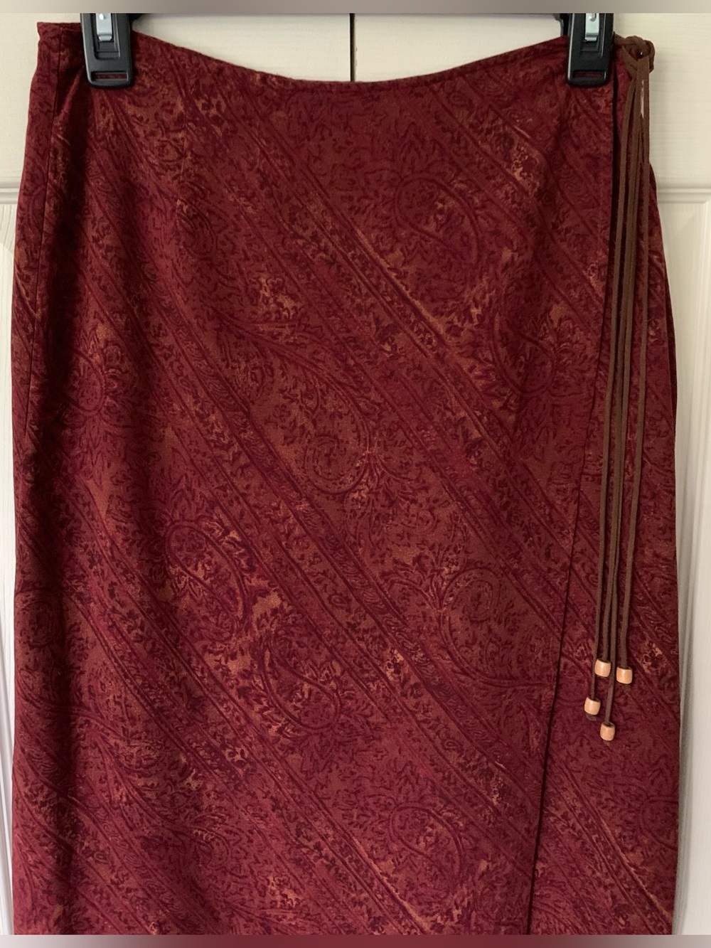 Norton McNaughton Burnt Red Maxi Skirt Side zip with faux Suede Ties 30 1/2 W